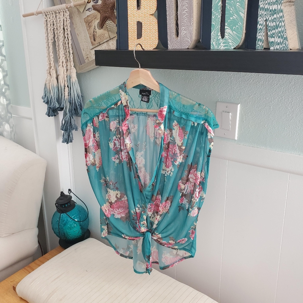 Teal and coral floral lace sleeveless button shirt